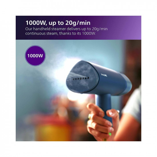 PHILIPS Handheld Garment Steamer STH3000/20 - Compact & Foldable, Convenient Vertical Steaming, 1000 Watt Quick Heat Up, up to 20g/min, Kills 99.9%* Bacteria (Reno Blue), Small