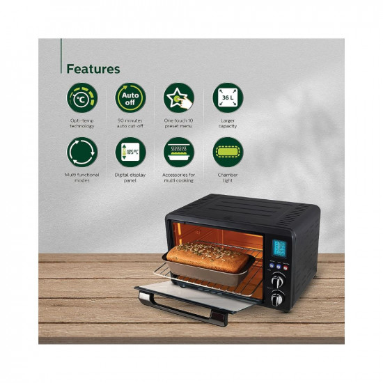 Philips HD6976/00 36 Litre Digital Oven Toaster Grill, 2000W, with Opti Temp Technology, Temperature control, Convection Mode, Chamber light and 10 preset menus, Inner Lamp, 7-level browning function