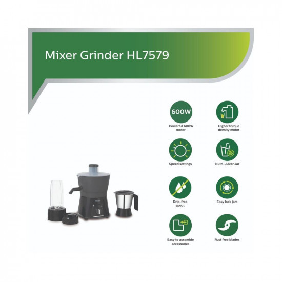 Philips HL7579/00 600W Turbo Juicer Mixer Grinder with 3 Jars -Blend and Carry, Nutri Juicer Jar, Multi Purpose jar