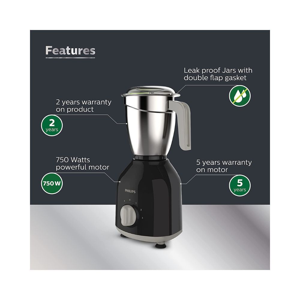 Philips HL7756/00 Mixer Grinder 750 Watt , 3 Stainless Steel Multipurpose Jars with 3 Speed Control and Pulse function (Black)