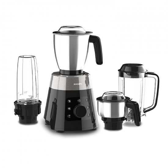 PHILIPS HL777700 Mixer Grinder 750W 4 Jars Smart One-Touch Mode 50 Reduction in sound power Digital Interface Intelli-speed Technology for Pre-Set cooking Soft Sound Technology Metallic Silver and Bold Black Large