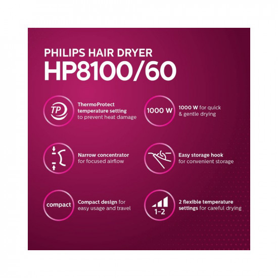 Philips HP8100/60 Compact Hair Dryer| 2 Flexible heat setting| ThermoProtect prevents overhearting | 1000 Watts- Blu