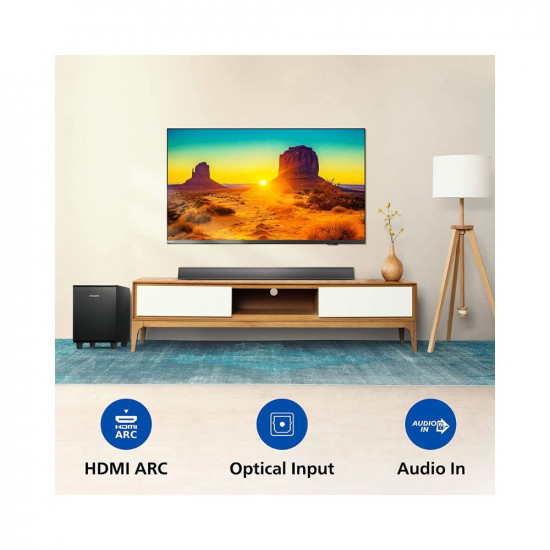 Philips Soundbar TAB5305, Wireless Subwoofer, 2.1 Ch, Bluetooth Enabled, Optical Connectivity, HDMI ARC, 140W, Metal Grill, Powerful Bass (Black)