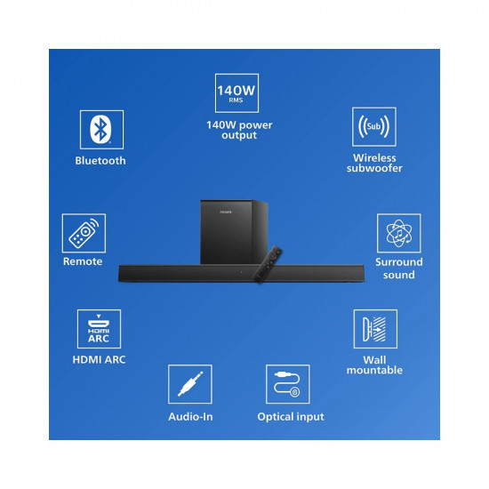 Philips Soundbar TAB5305, Wireless Subwoofer, 2.1 Ch, Bluetooth Enabled, Optical Connectivity, HDMI ARC, 140W, Metal Grill, Powerful Bass (Black)