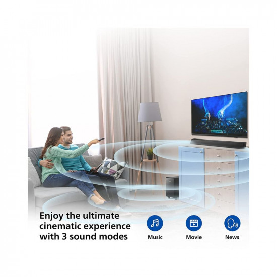Philips Soundbar TAB5305, Wireless Subwoofer, 2.1 Ch, Bluetooth Enabled, Optical Connectivity, HDMI ARC, 140W, Metal Grill, Powerful Bass (Black)