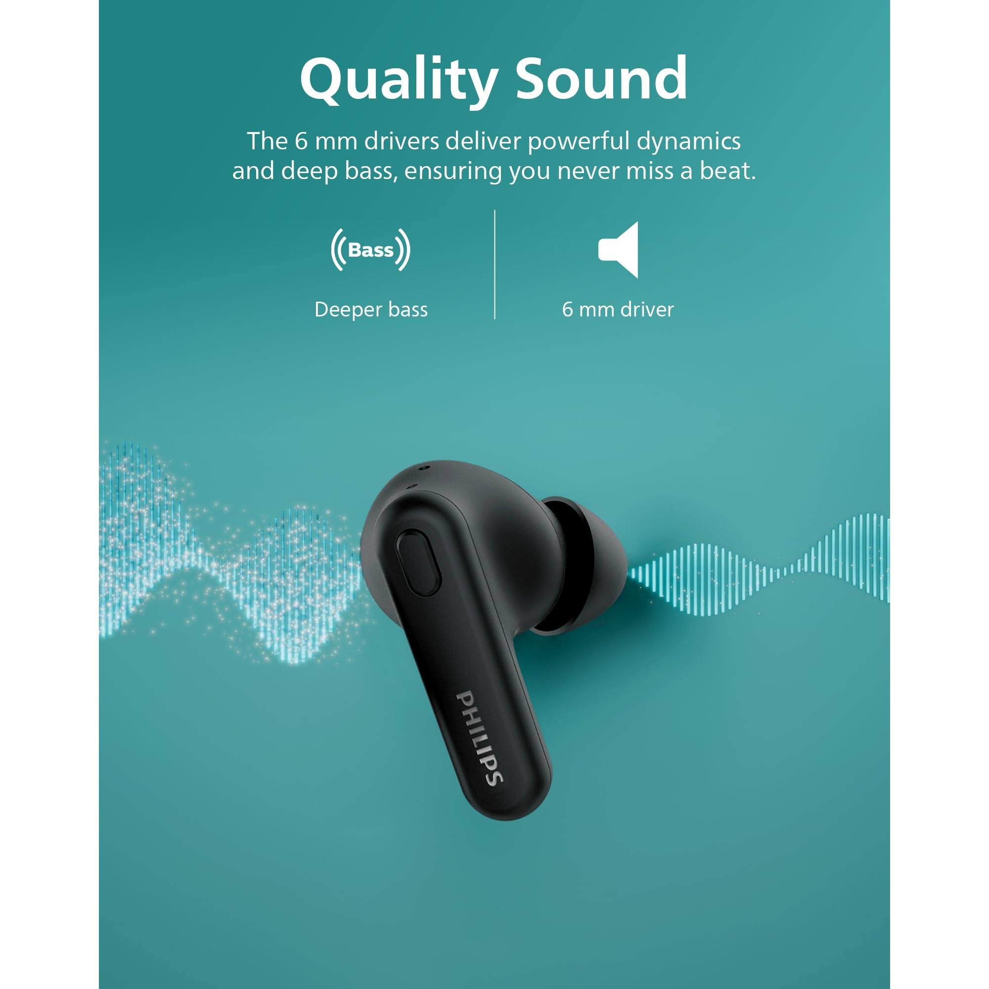 PHILIPS TAT1108BK00 True Wireless Earbuds in-Ear v53 Earphones with Mic 15H Play Time Shank Shape IPX4 Touch Controls  Charging Case for iPhoneiPad Black