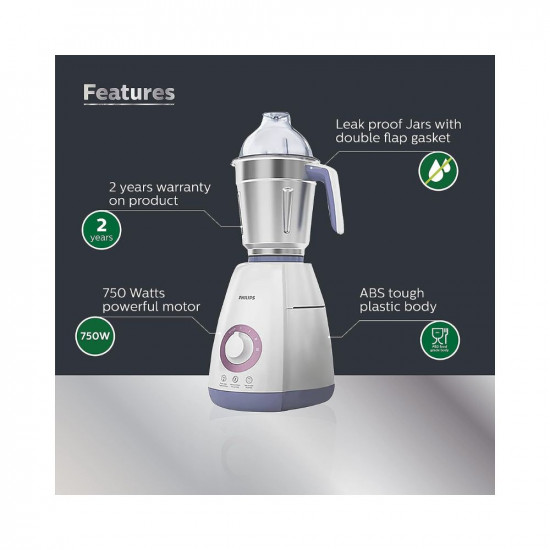 Philips Viva Collection HL7701/00 Mixer Grinder, 750 Watts, 4 Jars (Elegant Lavender and White)