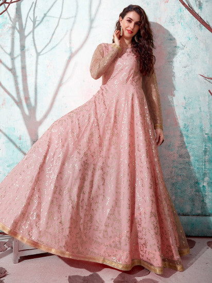 Pink Foil Work Net Party Wear Long Gown