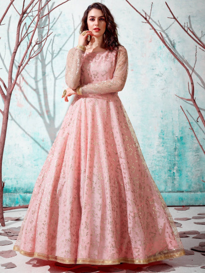Pink Foil Work Net Party Wear Long Gown