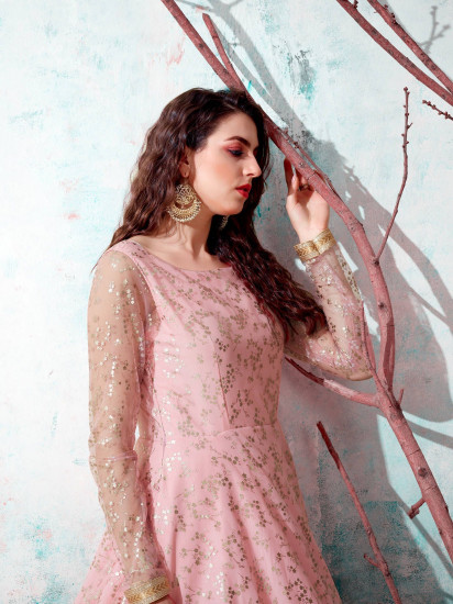 Pink Foil Work Net Party Wear Long Gown