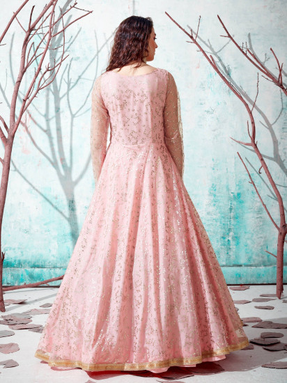 Pink Foil Work Net Party Wear Long Gown