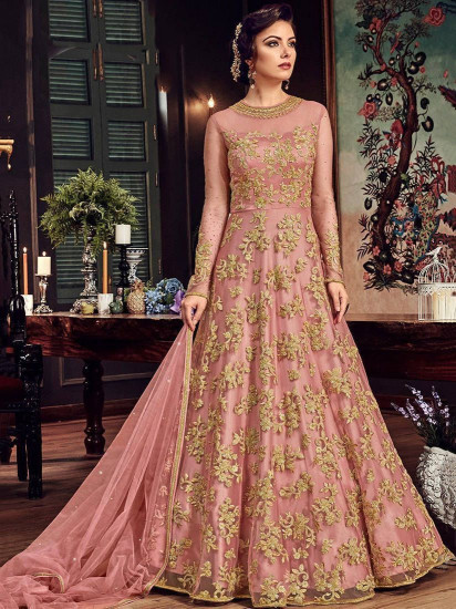 Buy Pink Mirrorwork Net Designer Gown - Koskii