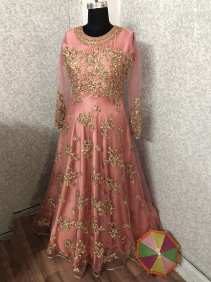 Pink Heavy Embroidered Net Party Wear Long Gown With Dupatta