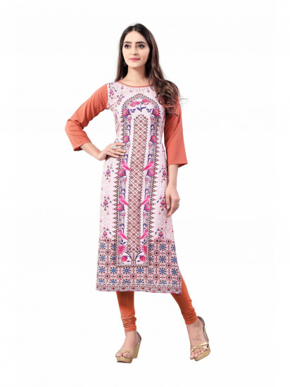 Pink-Peach Digital Floral Printed Crepe Readymade Kurti