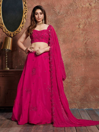Pink Sequins Georgette Wedding Lehenga Choli With Dupatta
Semi Stitched