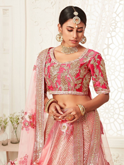 Pink Zari Embroidery Net Wedding Wear Lehenga Choli
Semi Stitched