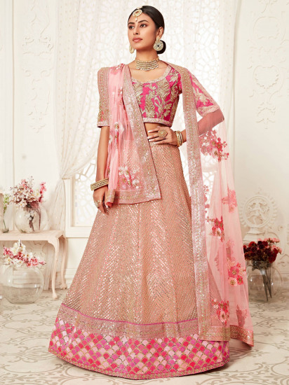 Pink Zari Embroidery Net Wedding Wear Lehenga Choli
Semi Stitched