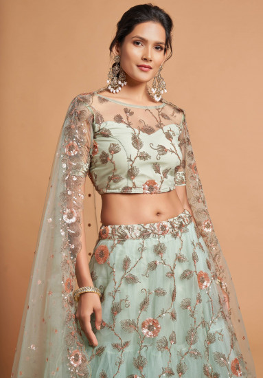 Pista Green Dori Thread Embroidered Net Wedding Lehenga Choli
Semi Stitched