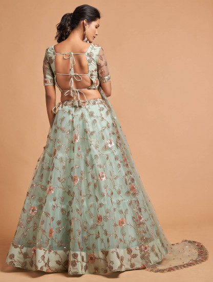 Pista Green Dori Thread Embroidered Net Wedding Lehenga Choli
Semi Stitched