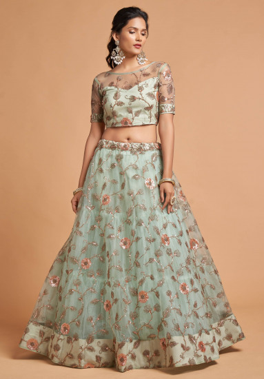 Pista Green Dori Thread Embroidered Net Wedding Lehenga Choli
Semi Stitched