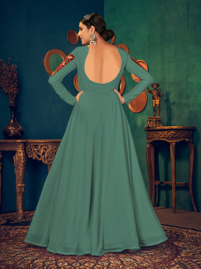 Pista Green Gamthi Work Georgette Festive Wear Gown
