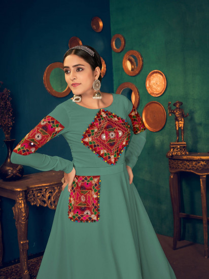 Pista Green Gamthi Work Georgette Festive Wear Gown