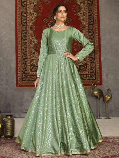 Pista Green Metallic Foil Taffeta Party Wear Gown