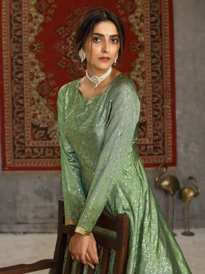 Pista Green Metallic Foil Taffeta Party Wear Gown