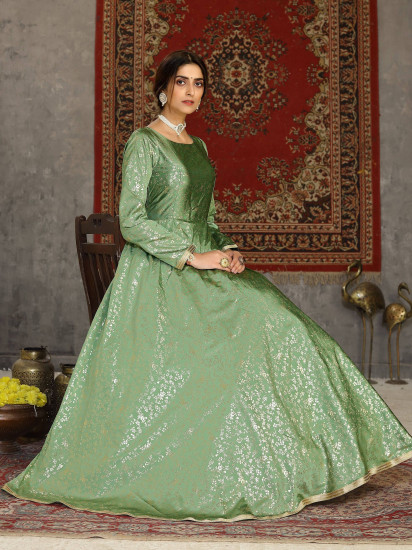Pista Green Metallic Foil Taffeta Party Wear Gown