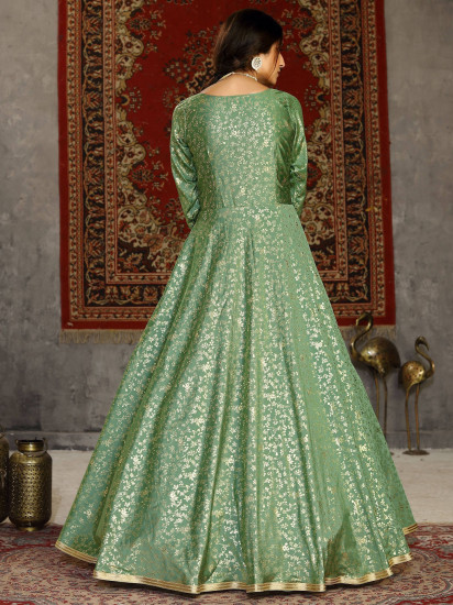 Pista Green Metallic Foil Taffeta Party Wear Gown