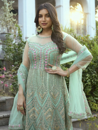 Pleasant Mint Green Dori Work Net Festival Wear Salwar kameez