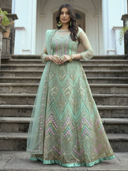 Pleasant Mint Green Dori Work Net Festival Wear Salwar kameez