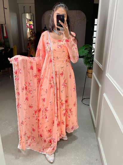 Pleasant Peach Floral Ready-to-wear Chiffon Kurti With Dupatta