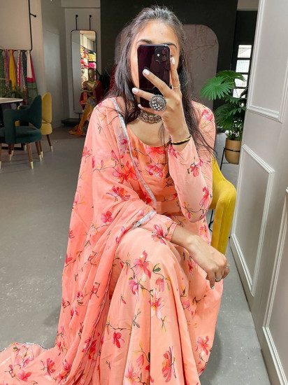 Pleasant Peach Floral Ready-to-wear Chiffon Kurti With Dupatta