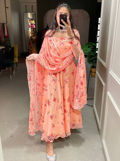 Pleasant Peach Floral Ready-to-wear Chiffon Kurti With Dupatta
