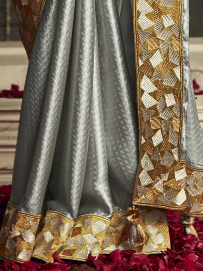 Pleasant Shiny Grey Silk Zari Night Party Wear Saree For Women(Un-Stitched)