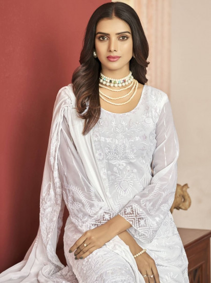 Pleasant White Embroidered Georgette Festival Wear Salwar Kameez
