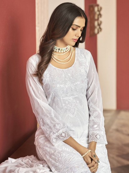 Pleasant White Embroidered Georgette Festival Wear Salwar Kameez