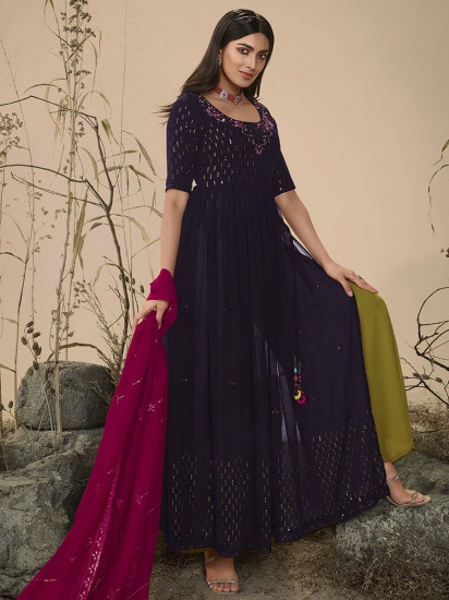 Plushy Purple Embroidered georgette Festive Wear Palazzo Suit
