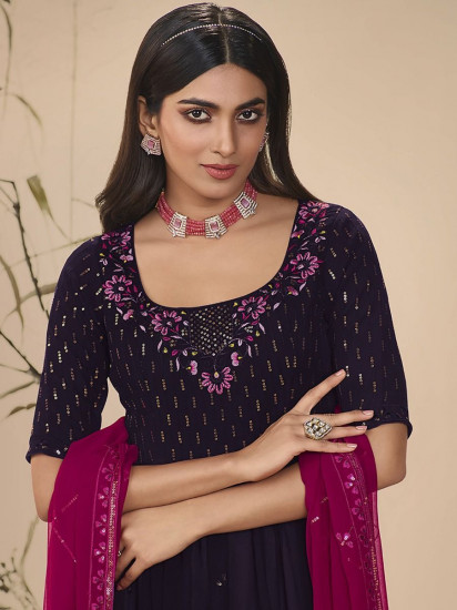 Plushy Purple Embroidered georgette Festive Wear Palazzo Suit