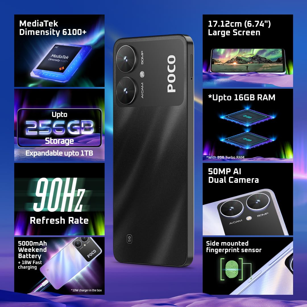POCO M6 5G Galactic Black 4GB RAM 128GB Storage  MediaTek Dimensity 6100 5G Processor  5000 mAh Battery  18W Fast Charging  50 MP AI Dual-Camera System  Airtel Locked