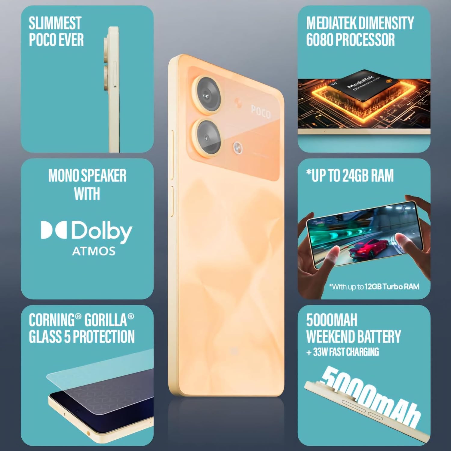 POCO X6 Neo 5G Martian Orange 8GB RAM 128GB Storage  Dimensity 6080 Processor  5000 mAh Battery  33W Fast Charging  108MP  2MP Rear Camera  16MP Front Camera