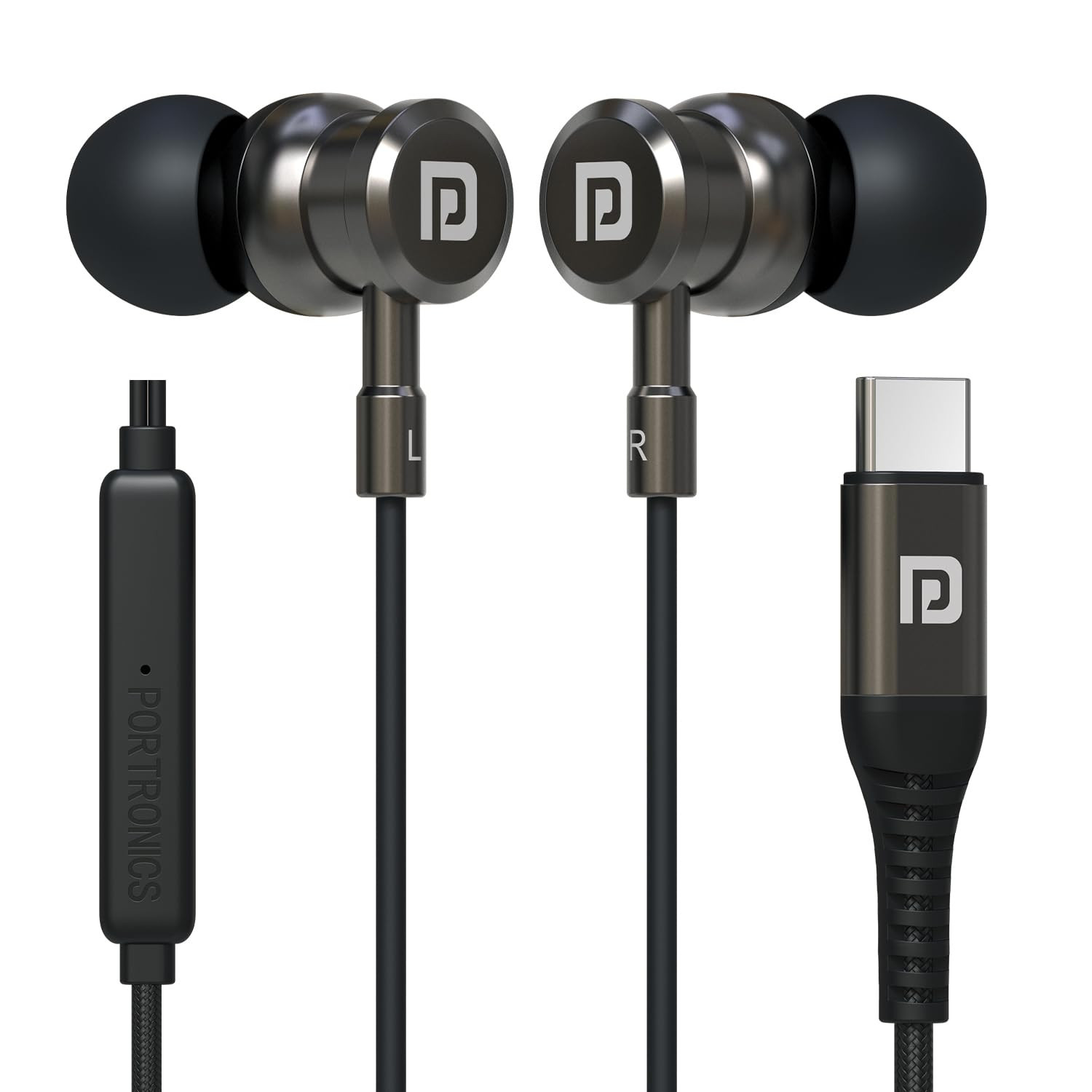 Portronics Conch Tune C in Ear Type C Wired Earphones with Mic10mm Driver 12m Nylon Braided Anti Tangle Wire in line Controls Metal Alloy Body Wide CompatibilityGrey