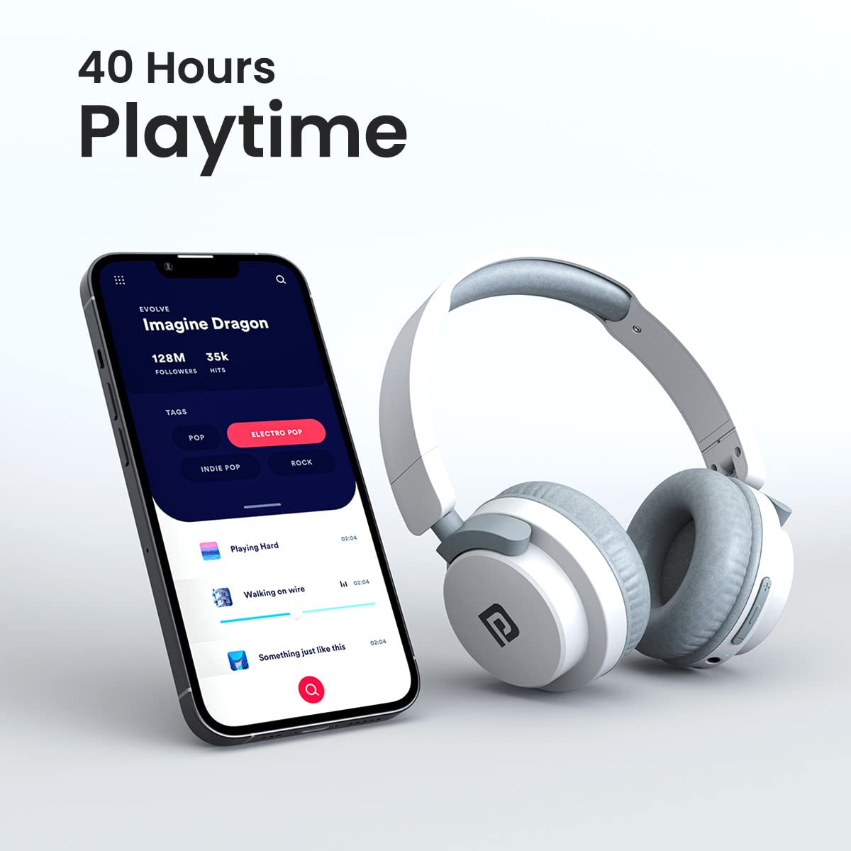 Portronics Muffs M2 Bluetooth Headphones Over Ear with Upto 40 Hrs Playtime 40mm Dynamic Drivers AUX 35mm Powerful Bass Laptop  PC SupportType C Charging Port Foldable DesignWhite