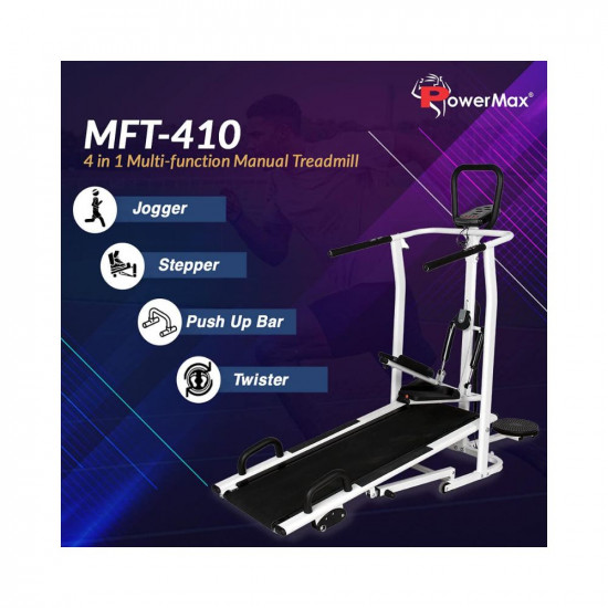 PowerMax Fitness MFT-410 Non-electric Manual Treadmill Foldable, Multifunction (Jogger, Stepper, Twister, Push up Bar), 3-Level Incline, 120-kg Max User Weight - Ideal for Home Use