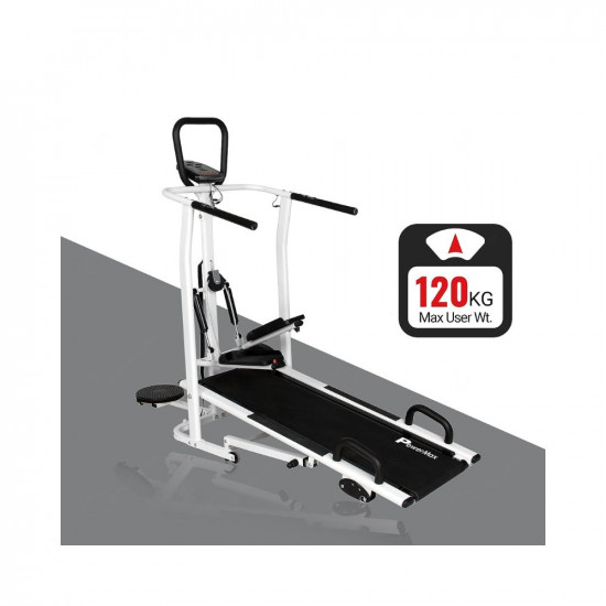 PowerMax Fitness MFT-410 Non-electric Manual Treadmill Foldable, Multifunction (Jogger, Stepper, Twister, Push up Bar), 3-Level Incline, 120-kg Max User Weight - Ideal for Home Use