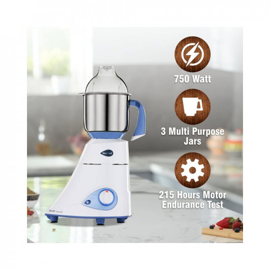 Preethi Blue Leaf Diamond MG-214 mixer grinder 750 watt (Blue/White), 3 jars & Flexi Lid, FBT motor with 2yr Guarantee & Lifelong Free Service
