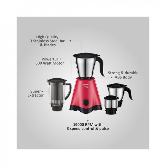 Preethi Crown Plus MG-258 Mixer Grinder, 600 Watt, White/Purple, 4 Jars - Super Extractor Juicer Jar with 5yr Motor Warranty & Lifelong Free Service (Acrylonitrile Butadiene Styrene)