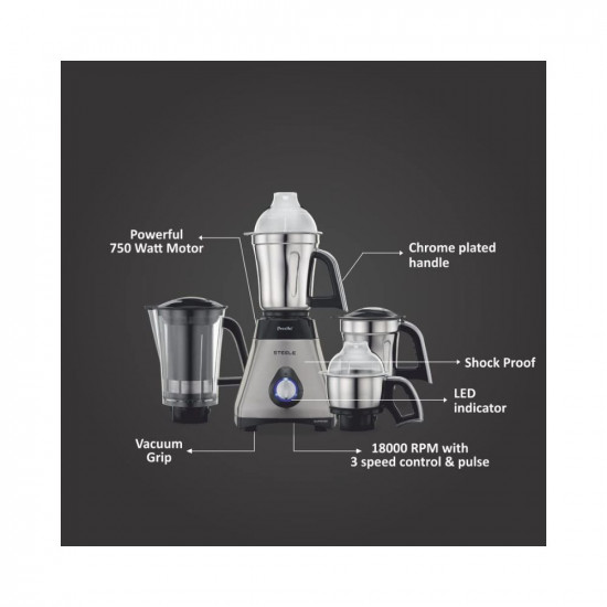 Preethi Steel Supreme MG-208 mixer grinder, 750 watt (Silver/ Black)