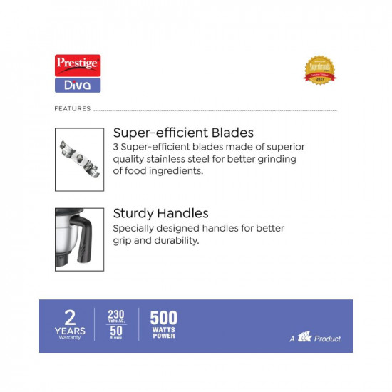Prestige 500 Watts DIVA Mixer Grinder with 3 stainless Steel Jars|3 super efficient blades|2 years warranty|(Blue & Black)